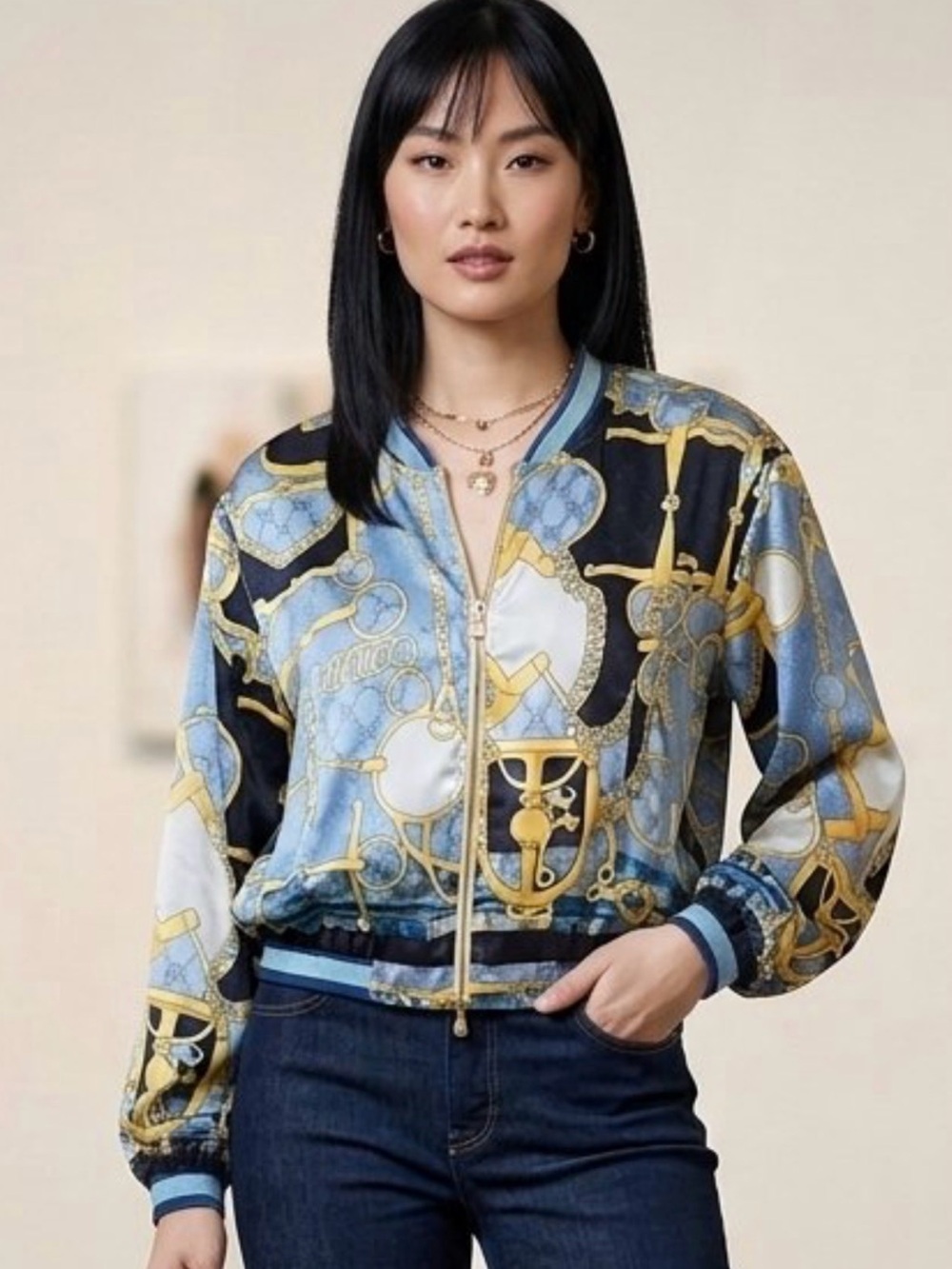 Mucho Gusto Chain-Print Bomber Jacket Blue, Black & Gold Full Zip SzM NWOT